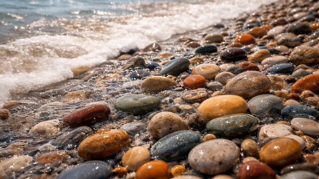 Gentle waves caress vibrant pebbles on sunlit beach shore