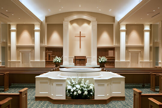Elegant church interior with altar and decorative floral arrangements