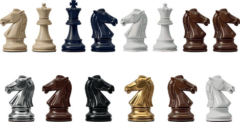 Realistic chess pieces collection featuring knight and queen figures in various materials isolated on clean background for strategy concept © MstJasmin