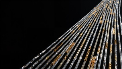 Obraz premium Silver and gold wires with intricate patterns radiate diagonally against a black background.