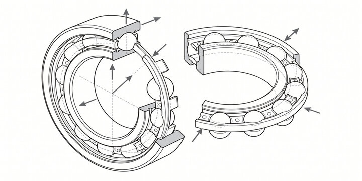 Isometric line drawing of ball bearing assembly with axial and radial force arrows for mechanical engineering documentation and technical design work