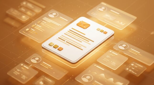 Digital email interface design featuring translucent glass elements with warm orange lighting and clean abstract graphics
