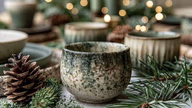 Speckled stoneware cups and bowls with pinecones and evergreen branches on a rustic holiday table