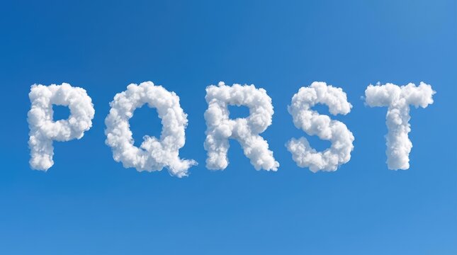 Fluffy white cloud letters forming the sequence p q r s t in bright blue sky