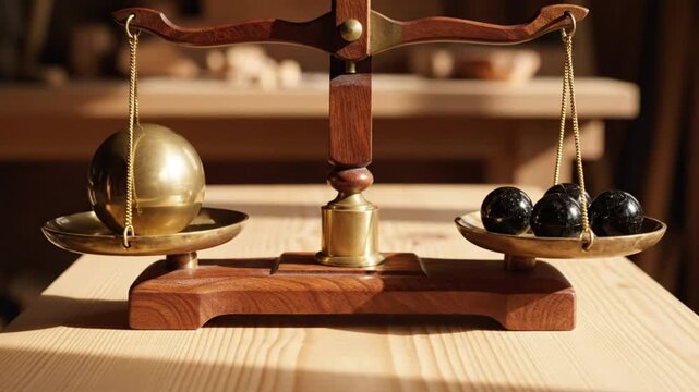 Balance scale with weights and a large gold ball on a wooden table, measuring concept