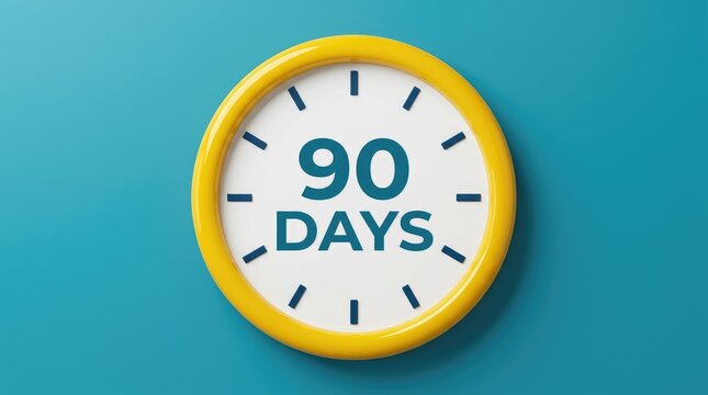Bright yellow wall clock showing ninety days remaining on a vibrant solid blue background surface