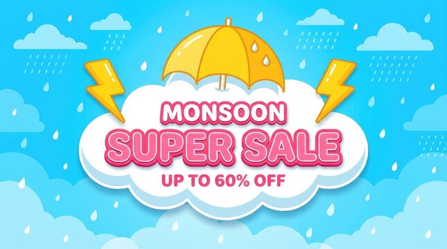 Vibrant yellow umbrella and pink monsoon super sale text on a bright blue rainy background