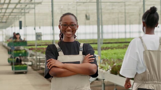 Smiling professional portrait of woman posing with arms crossed in modern greenhouse with rows of organic plants, showing professional greenhouse work and organic farming for fresh produce supply.
