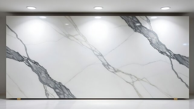 Large slab of polished white marble with striking grey veins illuminated by modern ceiling spotlights in a minimalist architectural interior setting