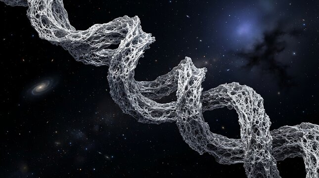 Double helix structure floats against a cosmic backdrop representing the fundamental building blocks of genetic code.