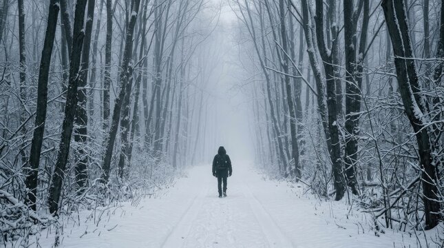 Lone person walking away through a misty snow covered forest path during a cold winter day
