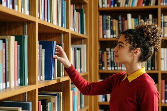 Young curly hair woman picks blue book from wooden shelf in library. Focused student searches literature for academic research study project. Female reader browses shelves at bookstore looking for