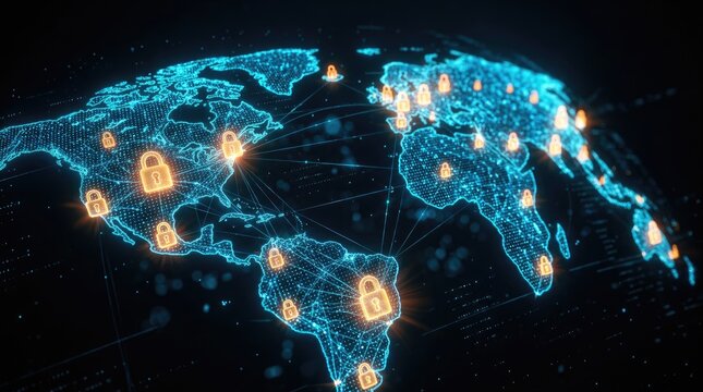 Digital world map featuring glowing orange security padlocks representing global internet data protection and cyber safety