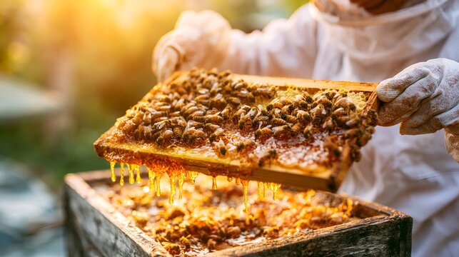 Female beekeeper in protective suit harvesting fresh honey from beehive