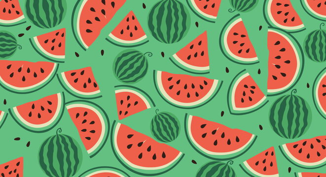 Seamless watermelon pattern with whole fruit and juicy slices