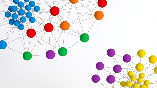 featuring a network of interconnected nodes on a white background. The layout is asymmetrical, with clusters of nodes primarily located in the top left and bottom right corners, leaving the center mos
