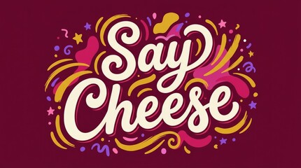 Obraz premium Say cheese lettering design featuring colorful decorative swirls and vibrant stars on a maroon background