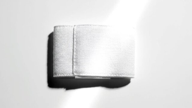 Minimalist top-down studio shot of white folded fabric against a plain white background with natural light and shadow play