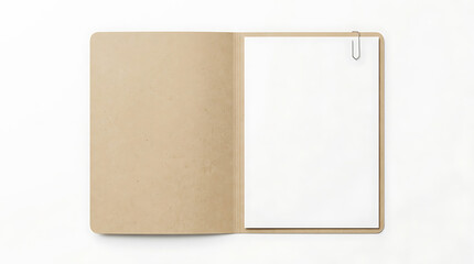 Fototapeta premium Open kraft paper folder with blank paper sheet and paperclip isolated on white background