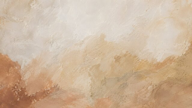 Abstract background of weathered Venetian plaster wall with unique watercolor paint strokes and natural brown terracotta texture pattern.