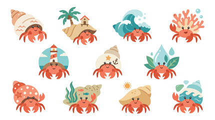 Collection of cute hermit crabs in various whimsical shells and beach-themed settings. © tr