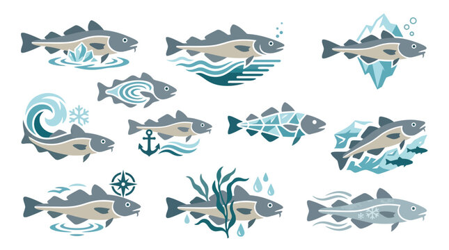 Collection of stylized cod fish illustrations in various aquatic and icy environments.
