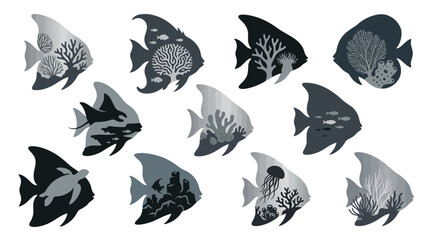 Collection of stylized fish silhouettes filled with marine life and coral reef elements. © tr