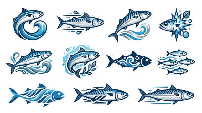 Collection of stylized fish illustrations in various dynamic poses with water elements.