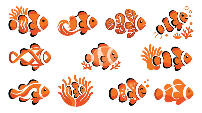 Collection of stylized clownfish illustrations in various creative designs and poses, perfect for aquatic themes.