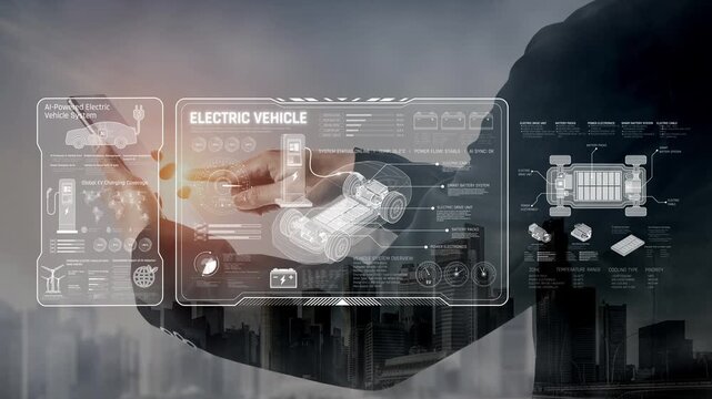 Technical layout of electric vehicle showing battery system, power control, traction motor, charging interface, and integration with renewable and smart energy sources Marrow