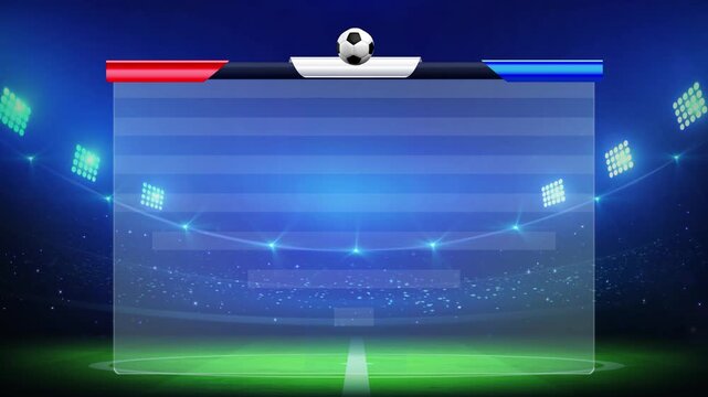 4K UHD Animated football scoreboard video template featuring a modern broadcast overlay with blank and copyspace, stadium background, and editable score layout for sports concept