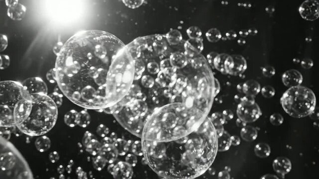 Dynamic collection of radiant translucent bubbles gracefully floating in a dark expanse, illuminated by a single brilliant glow, symbolizing purity and lightness