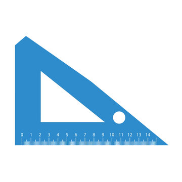 Isolated blue drafting triangle ruler with markings and a circular hole, tool for geometry and drafting