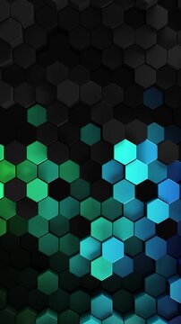 3d rendered patterned hex shapes background in black and a rainbow of color. Abstract backgrounds of hexagonal patterns in dark looping colors. Collage of hexagons in a random smooth loop movement.