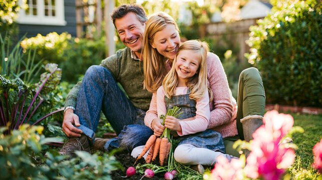 Happy young family with a child harvesting vegetables in their backyard
