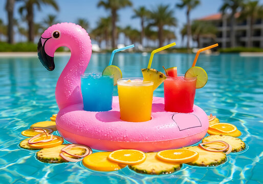 Pink flamingo pool float with tropical drink and snacks on water