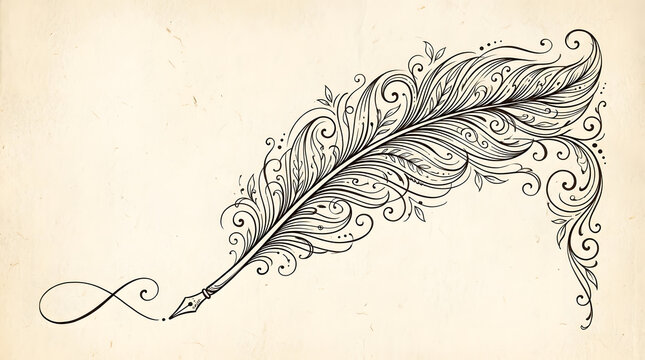 Vintage feather pen corner element. Decorative quill ink drawing for elegant stationery design.