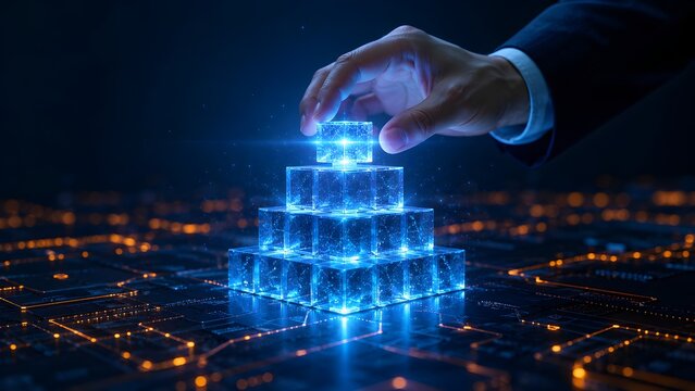 Hand places glowing blue cube on a digital pyramid, representing data organization, strategic technology building, and interconnected futuristic solutions.