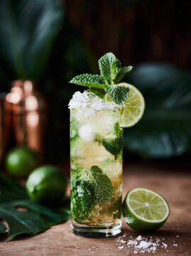 mojito cocktail with white rum, sugar, lime, soda, ice and mint