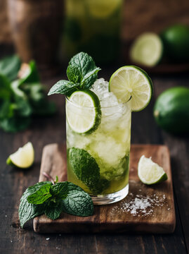 mojito cocktail with white rum, sugar, lime, soda, ice and mint