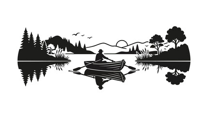 Silhouette of person rowing boat on calm lake with reflection, sunset landscape © Bebel