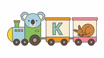 Cute Flat Vector Illustration of a Koala Train Engine Pulling a Carriage with Letter K and a Sleeping Kangaroo in the Last Carriage, Children's Alphabet Concept © iga