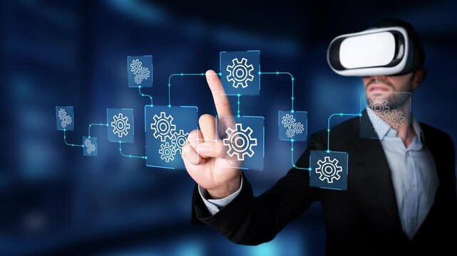 Business Professional Engaging with Virtual Reality Interface in a Modern Technological Environment for Innovation and Development. Entropy.