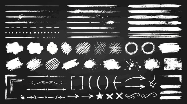 Chalk brush stroke lines with rough white dry paint stripes, hand drawn grunge texture marks on black background for underline, divider, border, flyer and print design. Vector isolated set