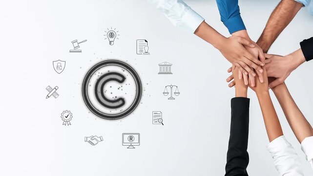 Diverse hands come together in unity, representing collaboration and teamwork, while symbols of copyright and intellectual property surround the focal point. Raster
