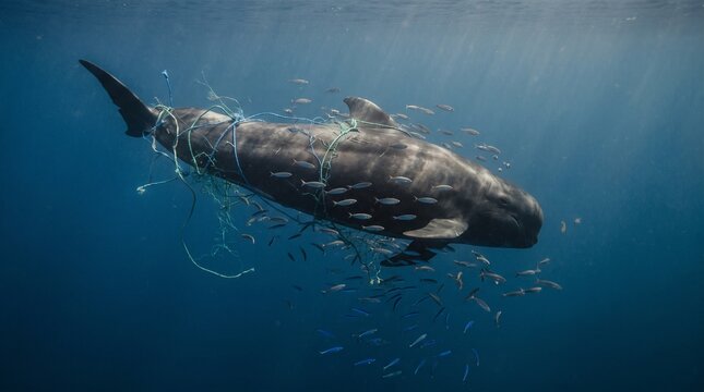 Whale swimming in ocean entangled with plastic debris and fish
