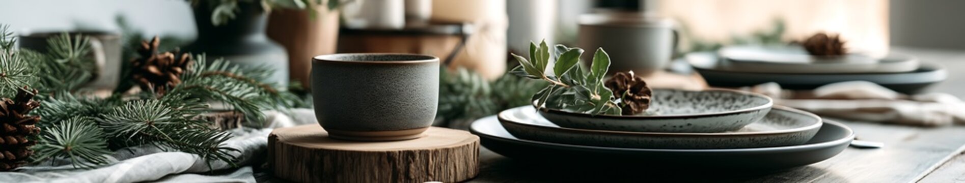 Rustic winter table setting with ceramic cup, stacked stoneware plates, pine branches and pinecones on wooden surface