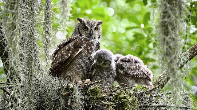 Majestic Great Horned Owl Family With Two Chicks Perched In A Mossy Tree Branch Inside A Dense Green Forest