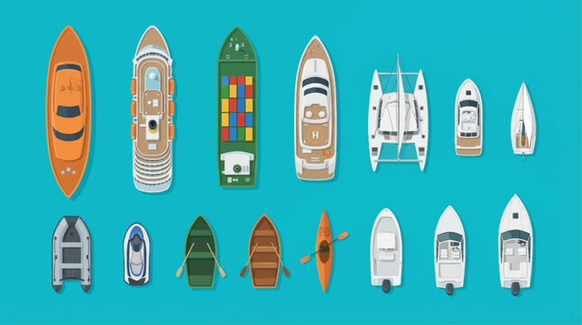 Ship top view vector illustration with colorful yachts, boats, kayak, canoe, ferry, cargo vessel and motorboat icons on blue water background for marine transport and travel design