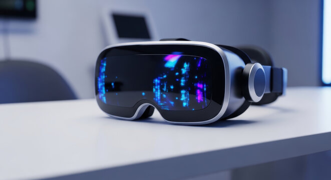 Virtual reality headset on table, modern healthcare technology in clinic interior, black headset with blue light